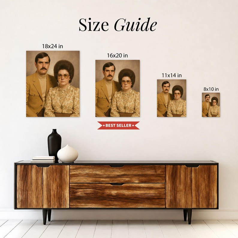 May include: A size guide display featuring four identical vintage-style portraits of a couple in various dimensions labeled 18x24 in, 16x20 in, 11x14 in, and 8x10 in. The text Size Guide appears at the top, with a red Best Seller banner below.