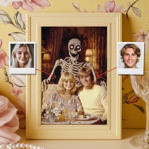 Creepy Family Dinner Custom Portrait with Skeleton, 70s Gothic Horror Art, Personalized Surreal Wall Decor
