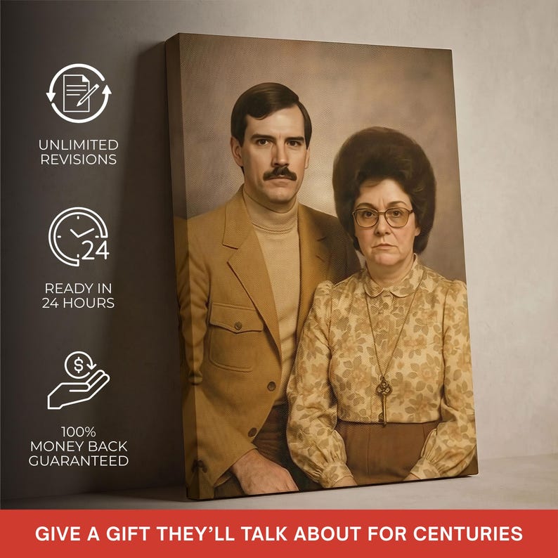 May include: A portrait of a person with a mustache in a tan blazer and turtleneck, and a person with dark hair and glasses in a floral blouse with a key pendant. Text includes UNLIMITED REVISIONS, READY IN 24 HOURS, 100% MONEY BACK GUARANTEED.