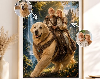 Custom Couple Riding Their Dog/Cat Portrait From Photo, Personalized Fantasy Pet Wall Art, Magical Anniversary Gift Print