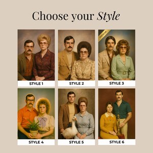 May include: A grid of six vintage-style portrait photographs labeled Style 1 through Style 6, featuring couples in various outfits and poses. The text Choose your Style appears at the top, and a gold banner marked POPULAR is on the third image.
