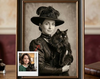 Personalized Victorian Lady Portrait From Photo With Cat, Elegant Vintage Pet Lover Artwork