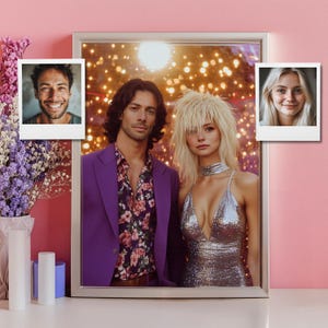 Personalized 70s Psychedelic Couple Portrait Retro Vintage Style Custom Artwork Wall Decor Gift