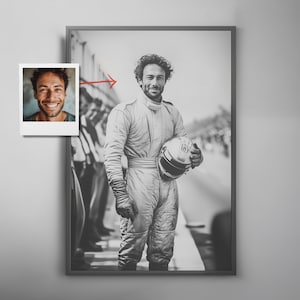 Personalized Vintage Racing Driver Portrait from Photo, Classic Motorsport Art, Custom Racer Gift for Men