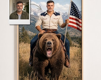 Custom Bear Rider Portrait, Personalized Retro Artwork, Country-Themed Gift For Him, Outdoor Dad Decor