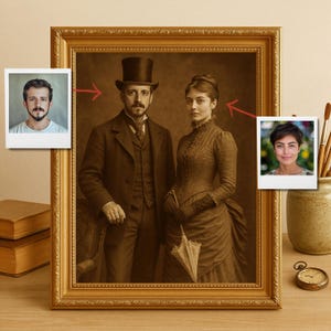 Ritratto personalizzato di coppia vittoriana da foto, opera d'arte senza tempo in tonalità seppia con stile storico del 1800 ed eleganza classica