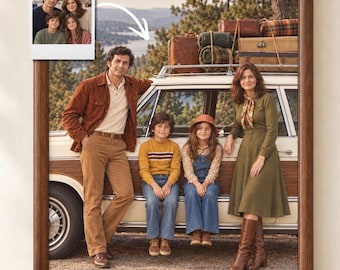 Custom 1970s Station Wagon Family Road Trip Portrait From Photo, Retro Vacation Group Art, Personalized Present For Parents