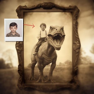 Ritratto personalizzato di dinosauro da cowboy occidentale, arte personalizzata di cavaliere T-Rex, regalo fantasy unico per bambini del selvaggio West