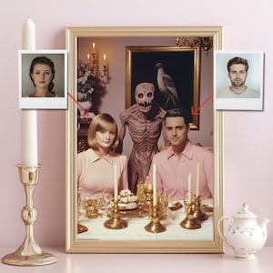 Surreal Family Dinner Custom Portrait with Monster, Weird Gothic 70s Horror Home Decor, Creepy Vintage Personalized Wall Art