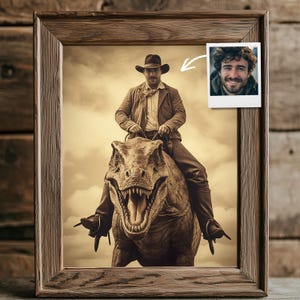 Personalized Cowboy Riding Dinosaur Portrait from Photo, Unique Vintage Decor, Custom Retro Funny Gift for Fantasy Lovers