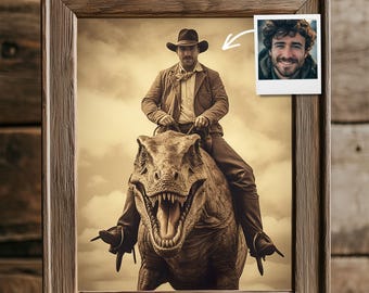 Personalized Cowboy Riding Dinosaur Portrait from Photo, Unique Vintage Decor, Custom Retro Funny Gift for Fantasy Lovers