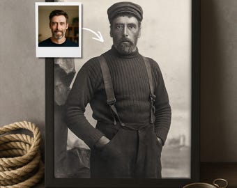 Custom Sailor Portrait from Your Photo, Become a 1920s Seafarer with Vintage Navy Uniform, Funny Retro Gift for Him or Dad