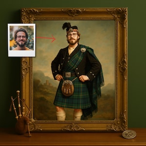 Ritratto personalizzato di uno scozzese Highlander con la tua foto, arte del clan regale in kilt, ritratto personalizzato per lui in kilt, regalo in stile storico