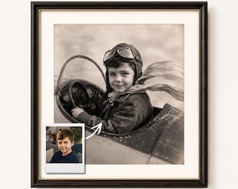 Custom Kid Aviator Portrait From Photo, Personalized Vintage Pilot Wall Art, Sepia Retro Airplane Boy Print, Funny Birthday Children Gift