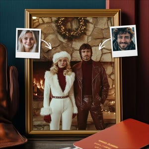 Custom 1970s Ski Lodge Couple Portrait, Retro Winter Fashion, Apres Ski Aspen Decor, Personalized Holiday Photo Gift