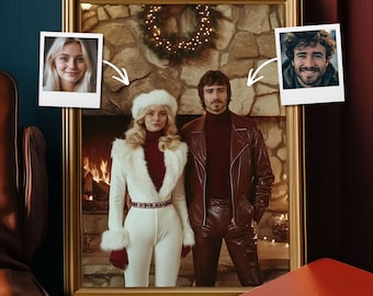 May include: A gold-framed portrait featuring a couple in front of a stone fireplace with a wreath. The person on the left wears a white faux fur-trimmed outfit and hat. The person on the right wears a dark red leather jacket and turtleneck.