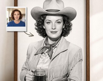 Custom Vintage Cowgirl Portrait From Photo, Personalized Western Gift for Her