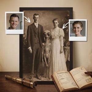 May include: A framed sepia-toned portrait featuring a man in a suit, a woman in a lace dress, and a central alien figure. Two small polaroid-style photos are attached to the frame. An open UFO Sighting Logbook and a brass telescope sit in front.