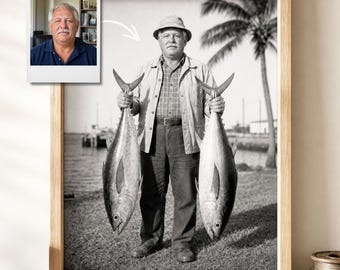 Personalized Fisherman Portrait From Photo, Vintage Fishing Gift for Dad, Husband or Grandpa