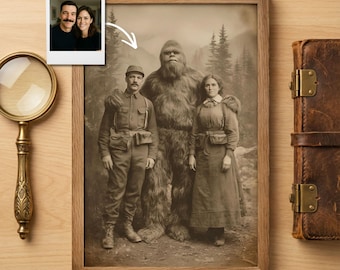 Custom Vintage Couple Portrait With Cryptid, Personalized Photo To Old Style Retro Artwork, Funny Gift Sasquatch Photo Transformation
