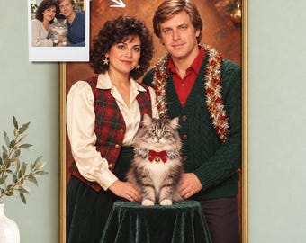 Awkward 70s Family Christmas Photo, Custom Couple Portrait with Pet, Ugly Sweater Canvas or Poster, Funny Xmas Gift