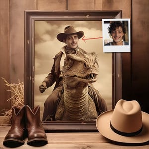 Kundenspezifisches Cowboy-Reitdinosaurier-Porträt vom Foto, einzigartige personalisierte Vintage Kunst, antikes lustiges Geschenk für Fantasy-Liebhaber