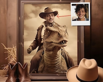 Custom Cowboy Riding Dinosaur Portrait from Photo, Unique Personalized Vintage Art, Antique Funny Gift for Fantasy Lovers