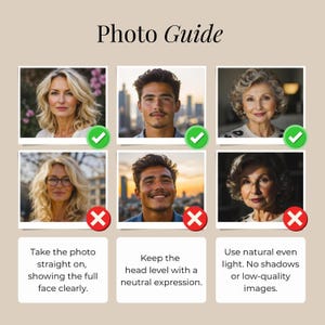 May include: A beige graphic with the text "Photo Guide" at the top. Below are six portrait photos with green check marks or red X marks. The text below the photos reads: Take the photo straight on, Keep the head level, Use natural even light.
