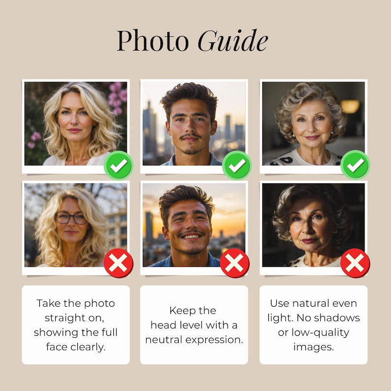 May include: A beige graphic with the text "Photo Guide" at the top. Below are six portrait photos with green check marks or red X marks. The text below the photos reads: Take the photo straight on, Keep the head level, Use natural even light.