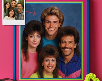 Personalized 1980s Family Portrait From Photo Retro Mullet Neon Colors Classic Studio Wall Art
