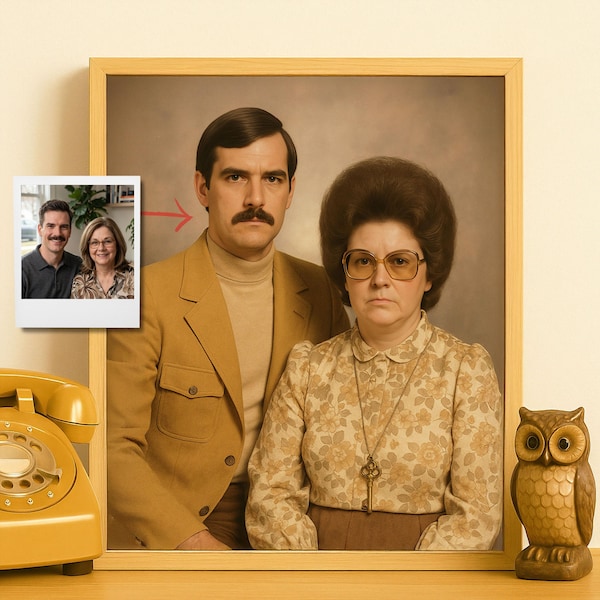 Funny Retro Couple Portrait from Photo in 1970s Style, Personalized Vintage Artwork, Custom Framed Wall Art Gift with Kitsch Humor