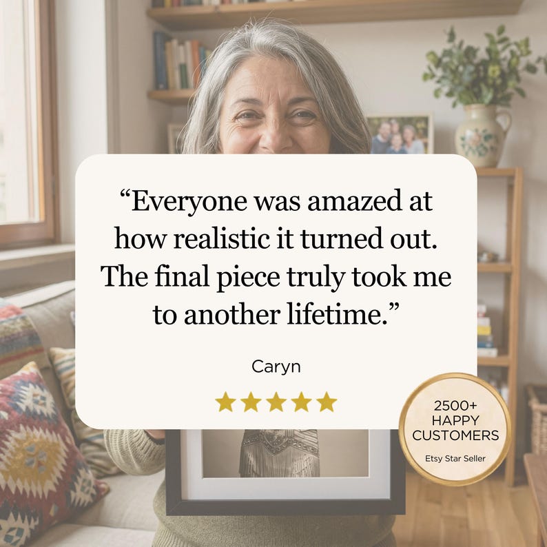 May include: A woman holding a framed piece of art with a quote about its realism. The image includes a gold Etsy Star Seller badge and customer review stars. The quote reads, "Everyone was amazed at how realistic it turned out."