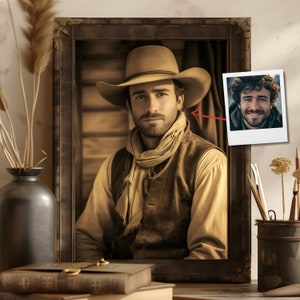 Ritratto di cowboy personalizzato da foto, stile western vintage, regalo personalizzato per la festa del papà o per il fidanzato, arte americana unica