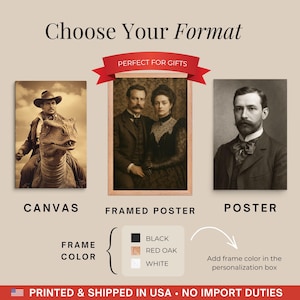May include: A product display showing three portrait options: a canvas featuring a person on a dinosaur, a framed poster of a couple, and a poster of a person. Text includes Choose Your Format, Canvas, Framed Poster, Poster, and Frame Color options.