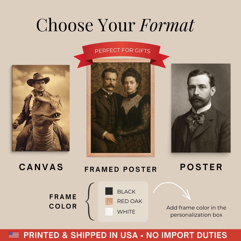 May include: A product display showing three portrait options: a canvas featuring a person on a dinosaur, a framed poster of a couple, and a poster of a person. Text includes Choose Your Format, Canvas, Framed Poster, Poster, and Frame Color options.