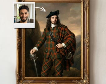 Personalized Scottish Highland Portrait From Photo, Custom Tartan Kilt Painting, Fancy Dad Wall Art, Victorian Era Birthday Gift Home Decor