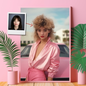 Ritratto personalizzato di ragazza anni '80 da foto, ritratto retrò tropicale, regalo vintage personalizzato, arredamento unico per la casa anni '80