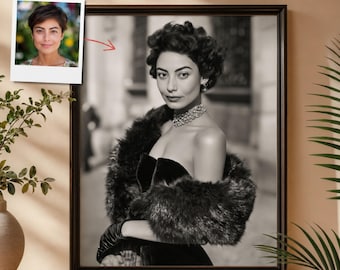 May include: A framed black and white portrait of a person with short dark hair, wearing a strapless dark dress, a fur stole, a pearl necklace, and a long glove. A smaller color photograph of the same person is attached to the top left corner.
