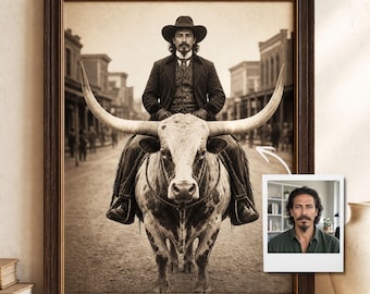 Custom Cowboy Portrait, Antique Longhorn Wall Decor, Personalized Father's Day Keepsake For Western Enthusiasts