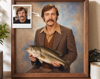 Custom Portrait From Photo, Funny Fishing Gift For Him, Personalized Vintage 70s Bass Portrait, Retro Fisherman Wall Art Dad Husband Son