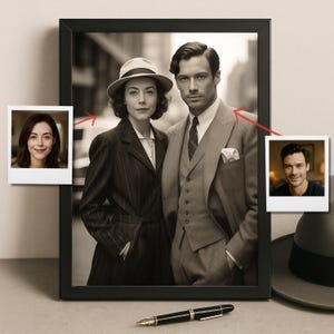 Ritratto di coppia vintage personalizzato da foto in stile anni '20, regalo con illustrazione fotografica storica, tela retrò o opera d'arte incorniciata per anniversario