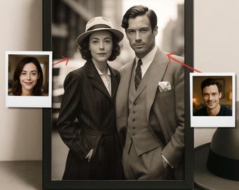 Custom Vintage Couple Portrait from Photo in 1920s Style, Historic Photo Illustration Gift, Retro Canvas or Framed Art for Anniversary