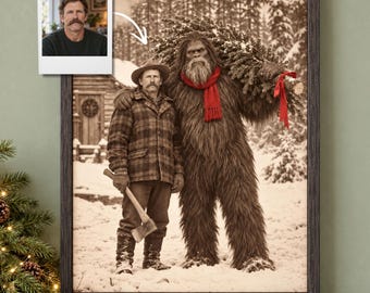 Custom Bigfoot Christmas Portrait from Photo, Vintage Sepia Sasquatch Art, Funny Cabin Decor