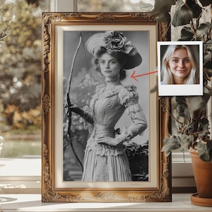 Victorian Archer Woman Portrait from Photo - Custom 1890s Olympic Style, Personalized Gift for Sports Enthusiasts, Unique Historical Art