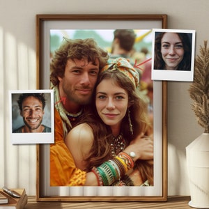 Hippie Portrait vom Foto, 70er Jahre Paar, Unikat zum Jahrestag oder Hochzeitsgeschenk, Boho Love Art