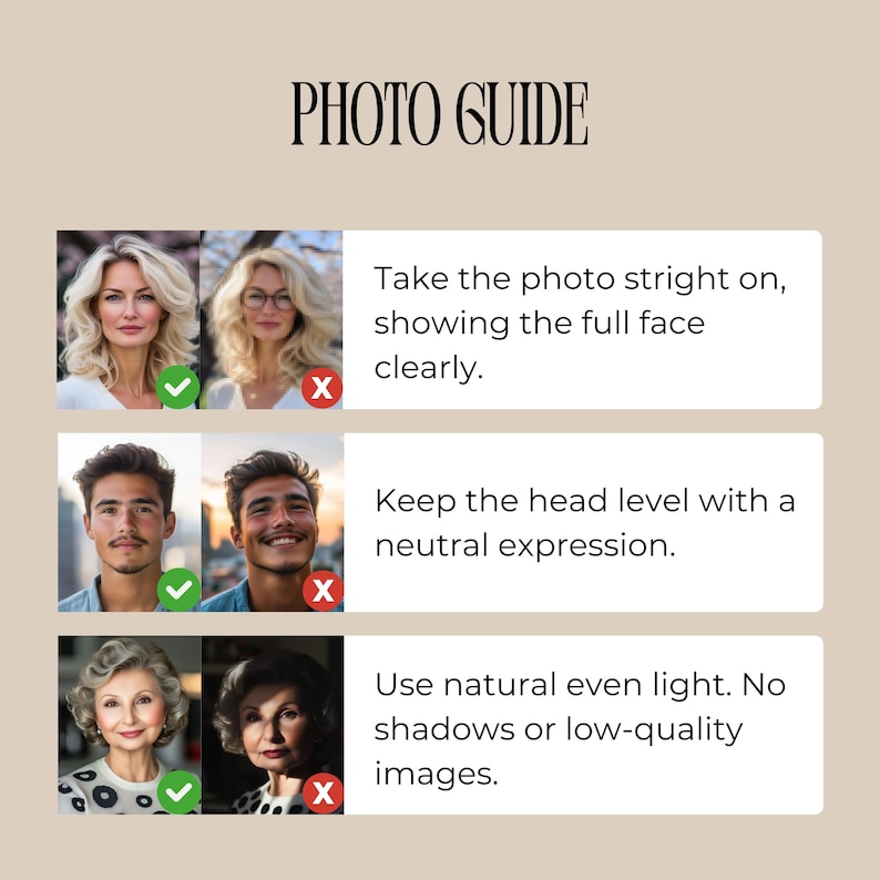 May include: A beige graphic with the words "PHOTO GUIDE" at the top. Below are three sets of images with instructions: take photos straight on, keep the head level, and use natural light. Each set includes a check and an X.