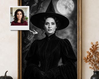 Custom Witch Portrait, Black And White Victorian Artwork, Personalized Halloween Digital Download For Her