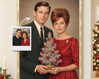 Personalized 1960s Christmas Couple Portrait From Photo, Retro Holiday Wall Art