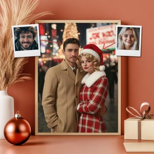 Retrato de pareja navideño vintage de los años 50 en Times Square, regalo fotográfico navideño personalizado, tarjeta navideña personalizada para decoración navideña retro.