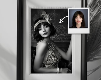 1920s Jazz Era Custom Portrait from Photo, Classic New York Art Deco Style, Personalized Vintage Gift for Her